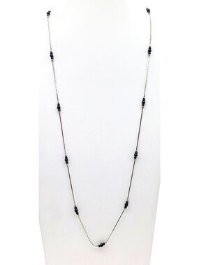 Vintage Dainty Minimalist Necklace, Silver Tone Chain with Triple Navy Blue Bead